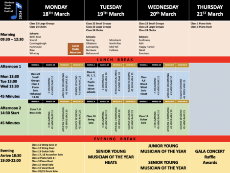 A weekly schedule for a music school with class timings, breaks, and special events from monday to thursday.