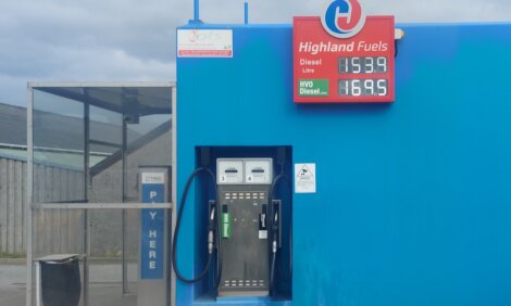 Diesel fuel pump station with price signage displaying diesel at 153.9p per litre and hvo diesel at 169.5p per litre.