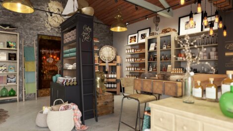 Interior of a cozy, rustic boutique store with shelves stocked with various items, including bottles and jars, under warm lighting.